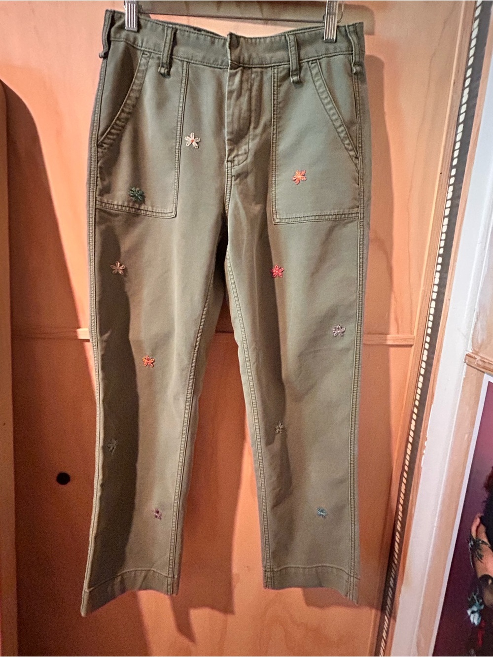 Anthropologie Olive Green Embroidered Flowered Pants Sz 28